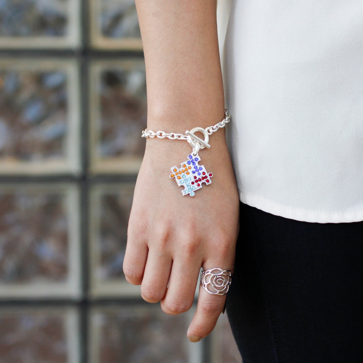 Silver Jigsaw Charm Toggle Bracelet