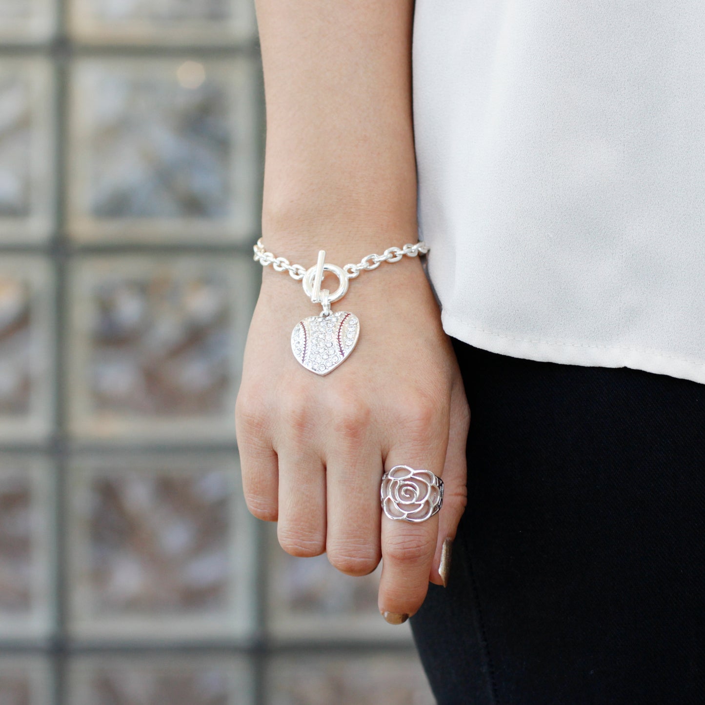 Silver Baseball Heart Charm Toggle Bracelet