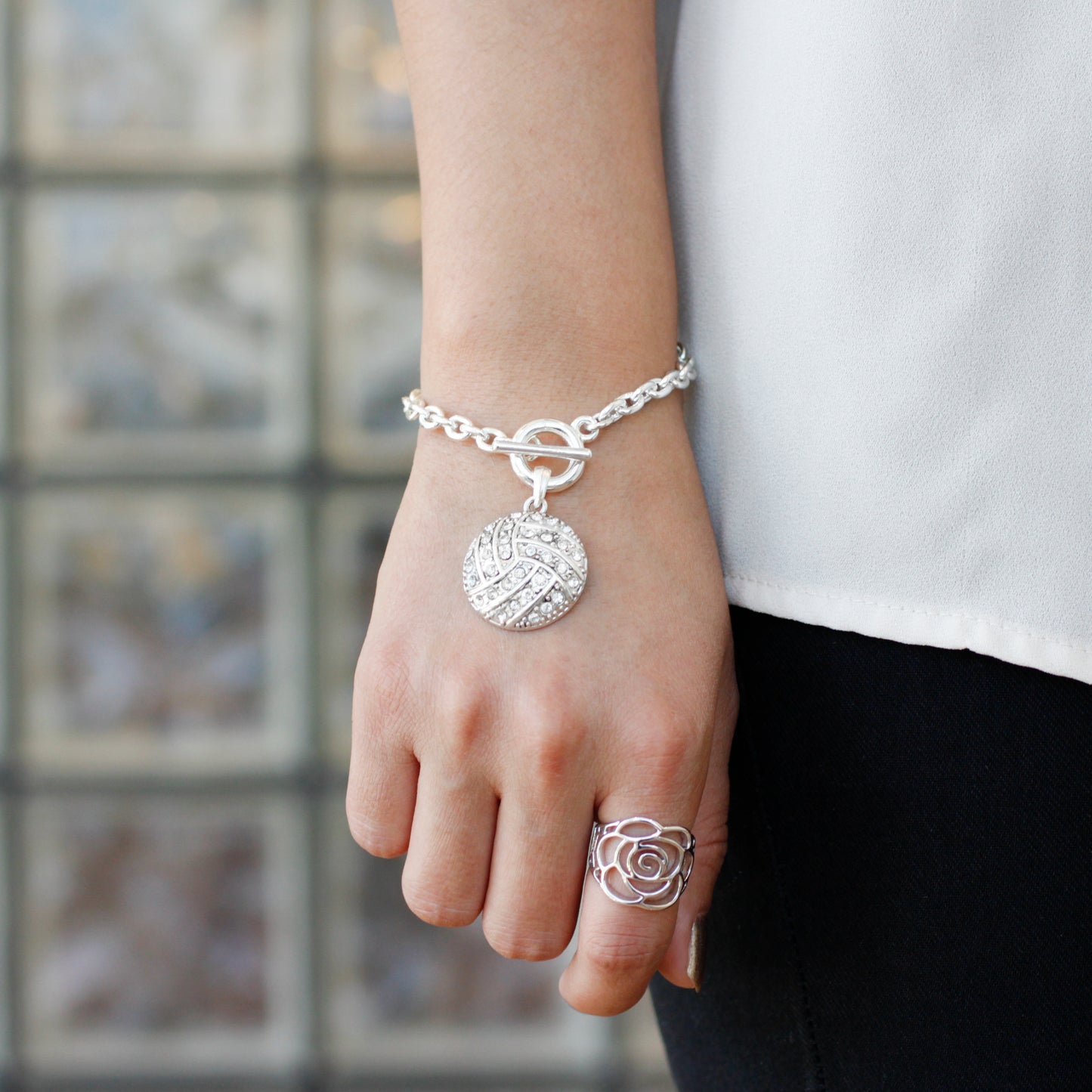 Silver Volleyball Charm Toggle Bracelet