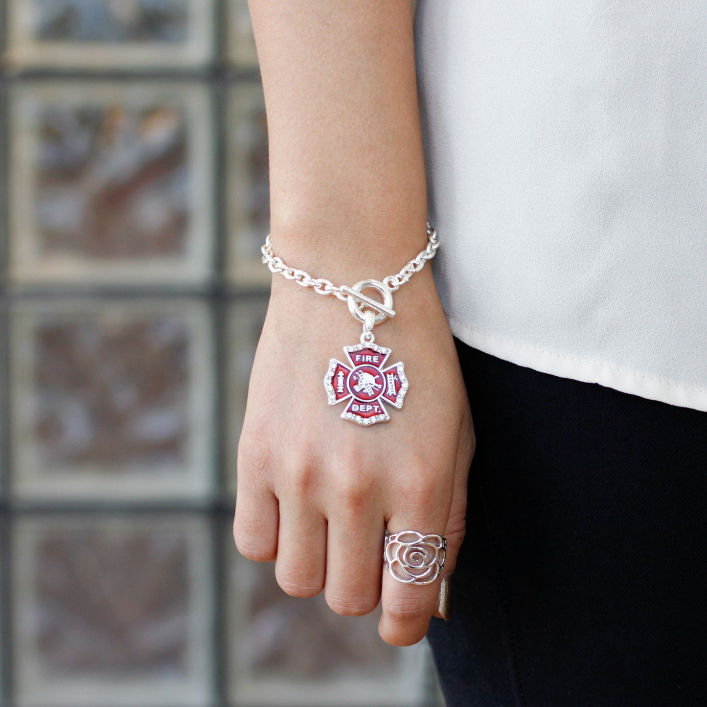 Silver Firefighter Badge Charm Toggle Bracelet