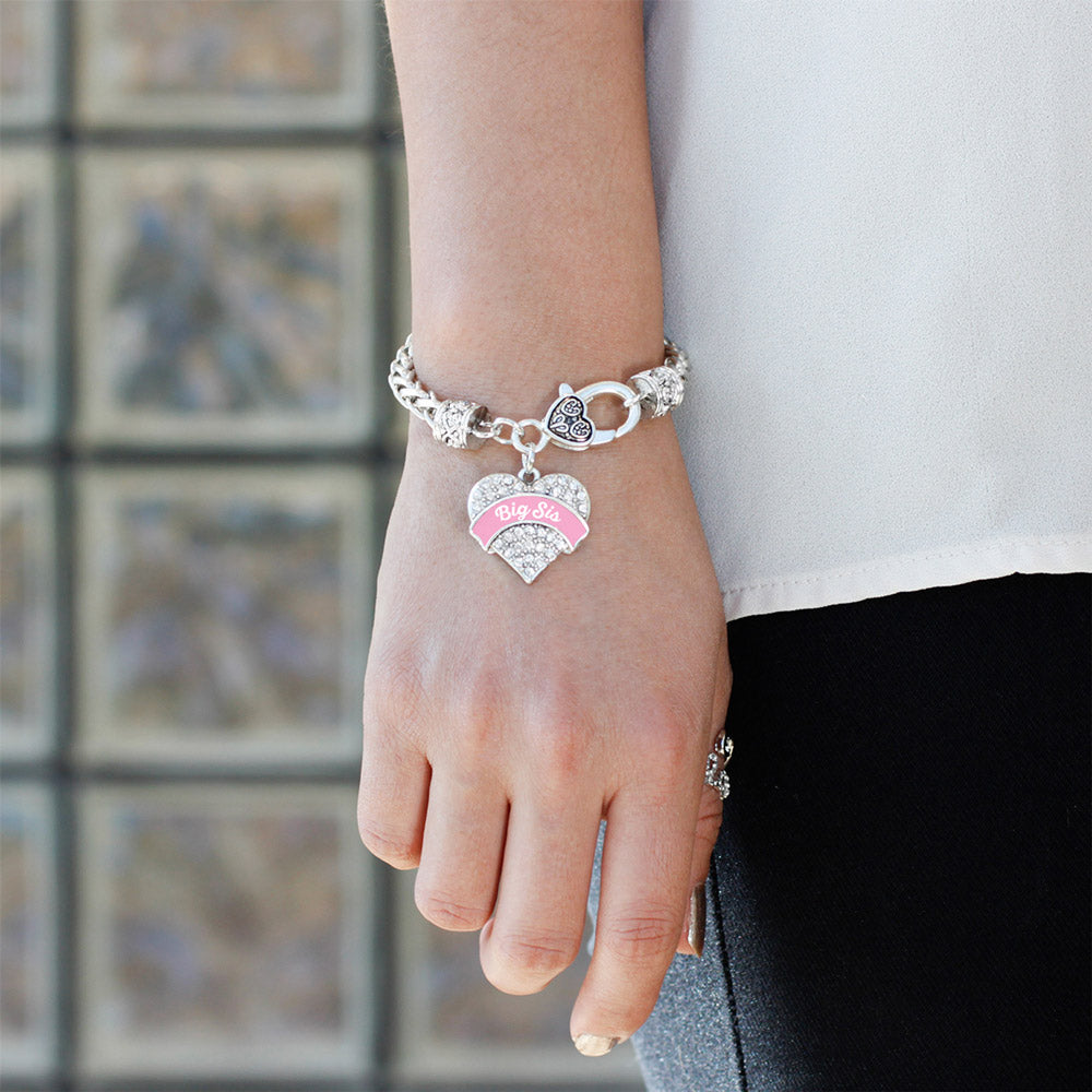 Silver Pink Big Sister Pave Heart Charm Braided Bracelet