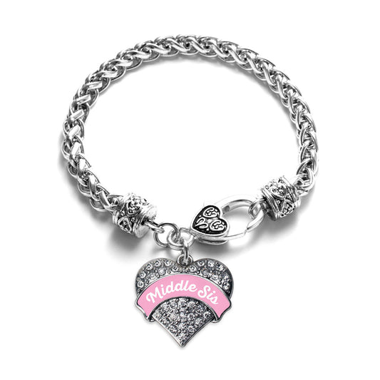 Silver Pink Middle Sister Pave Heart Charm Braided Bracelet