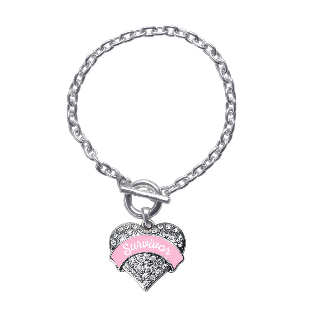 Silver Pink Script Survivor Breast Cancer Support Pave Heart Charm Toggle Bracelet