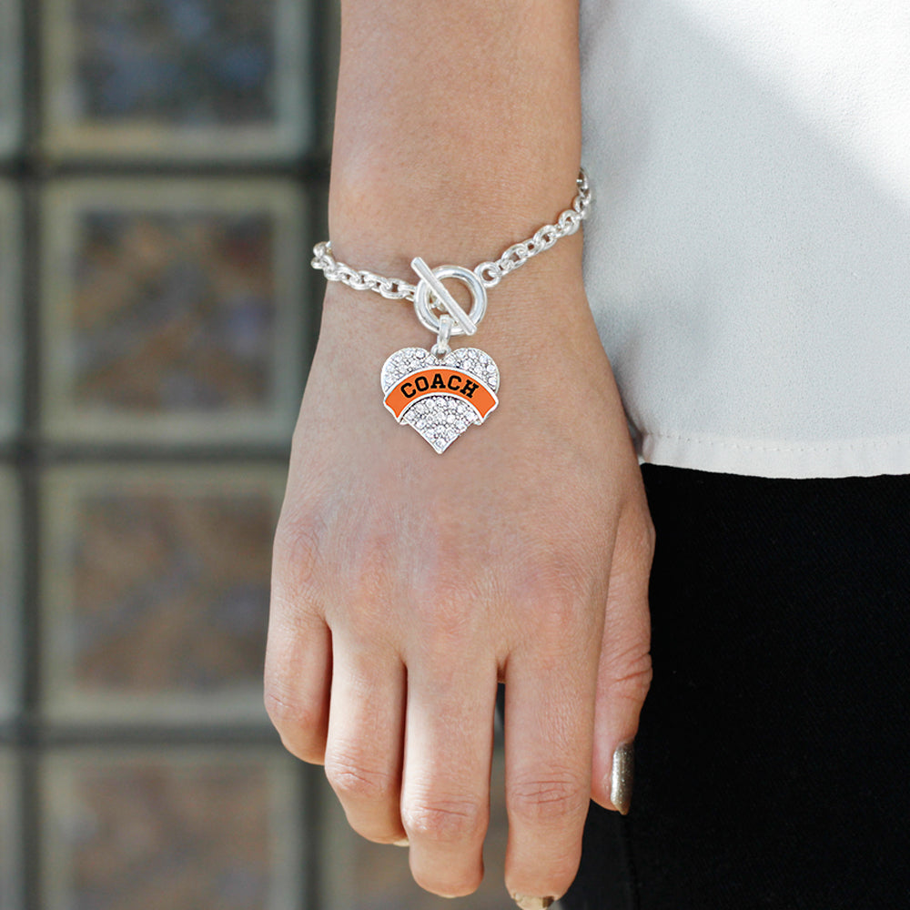 Silver Coach - Orange and Black Pave Heart Charm Toggle Bracelet