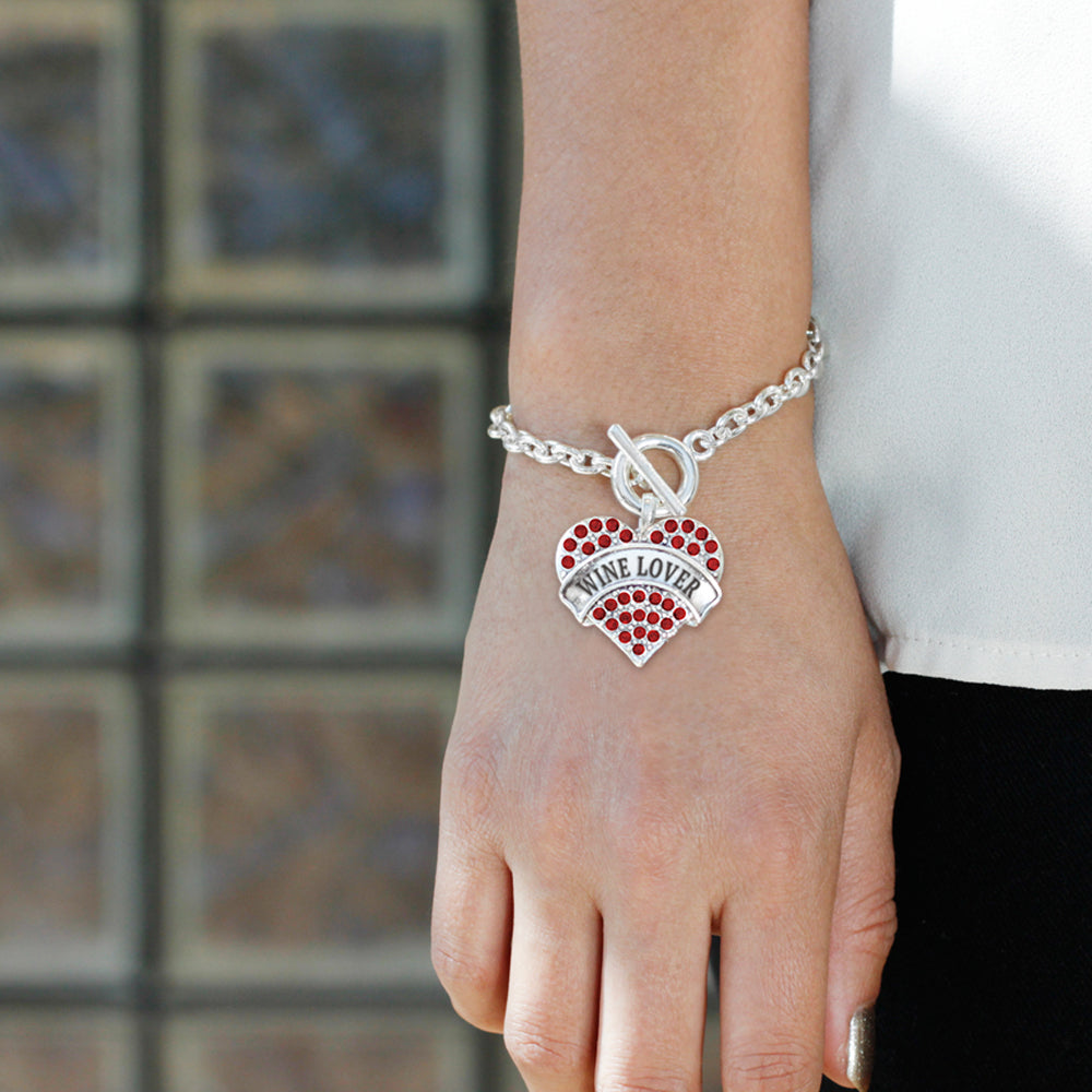 Silver Wine Lover Red Red Pave Heart Charm Toggle Bracelet