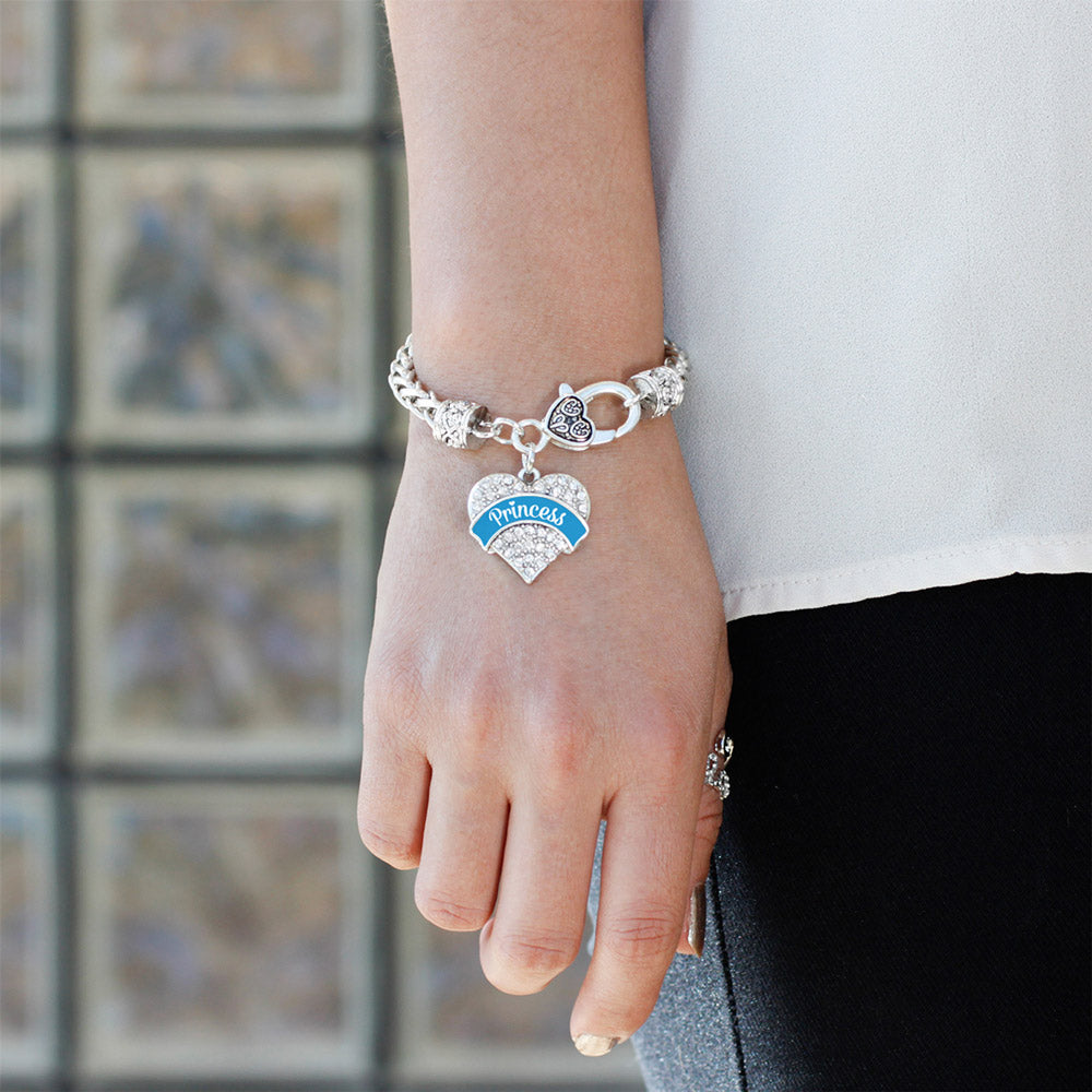 Silver Princess - Sky Blue Pave Heart Charm Braided Bracelet