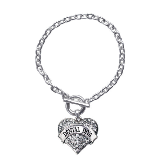 Silver Dental Diva Pave Heart Charm Toggle Bracelet