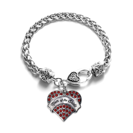 Silver Script Red Mom of the Bride Red Pave Heart Charm Braided Bracelet