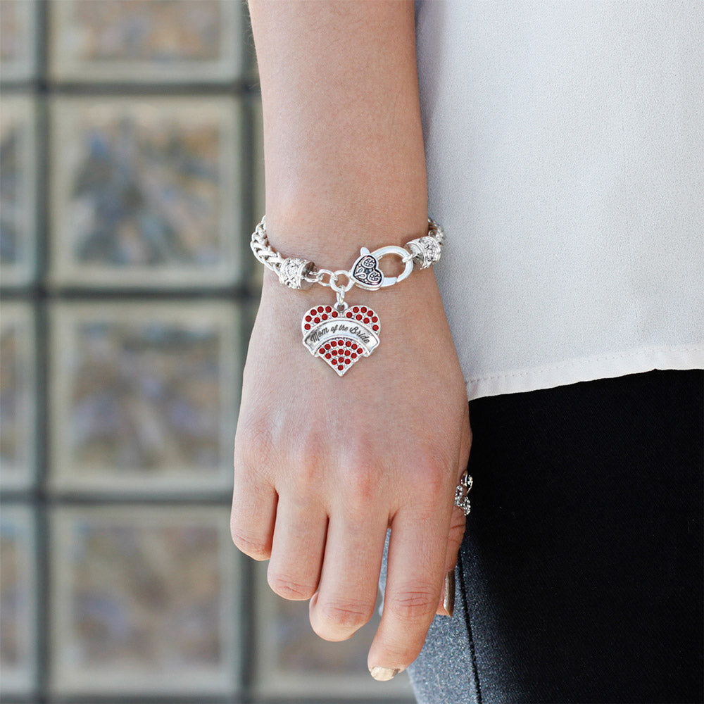 Silver Script Red Mom of the Bride Red Pave Heart Charm Braided Bracelet
