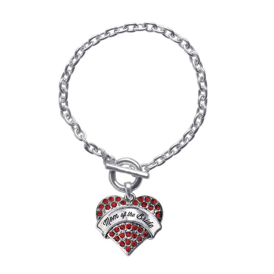 Silver Script Red Mom of the Bride Red Pave Heart Charm Toggle Bracelet