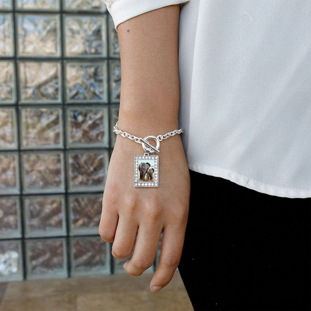 Silver Momma Elephant and Baby Elephant Rectangle Charm Toggle Bracelet