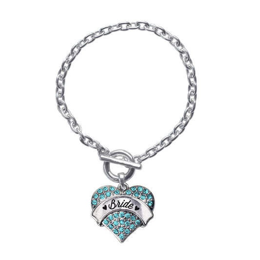 Silver Aqua Bride Aqua Pave Heart Charm Toggle Bracelet