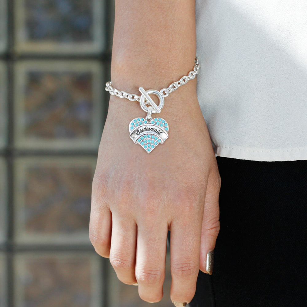 Silver Aqua Bridemaid Aqua Pave Heart Charm Toggle Bracelet