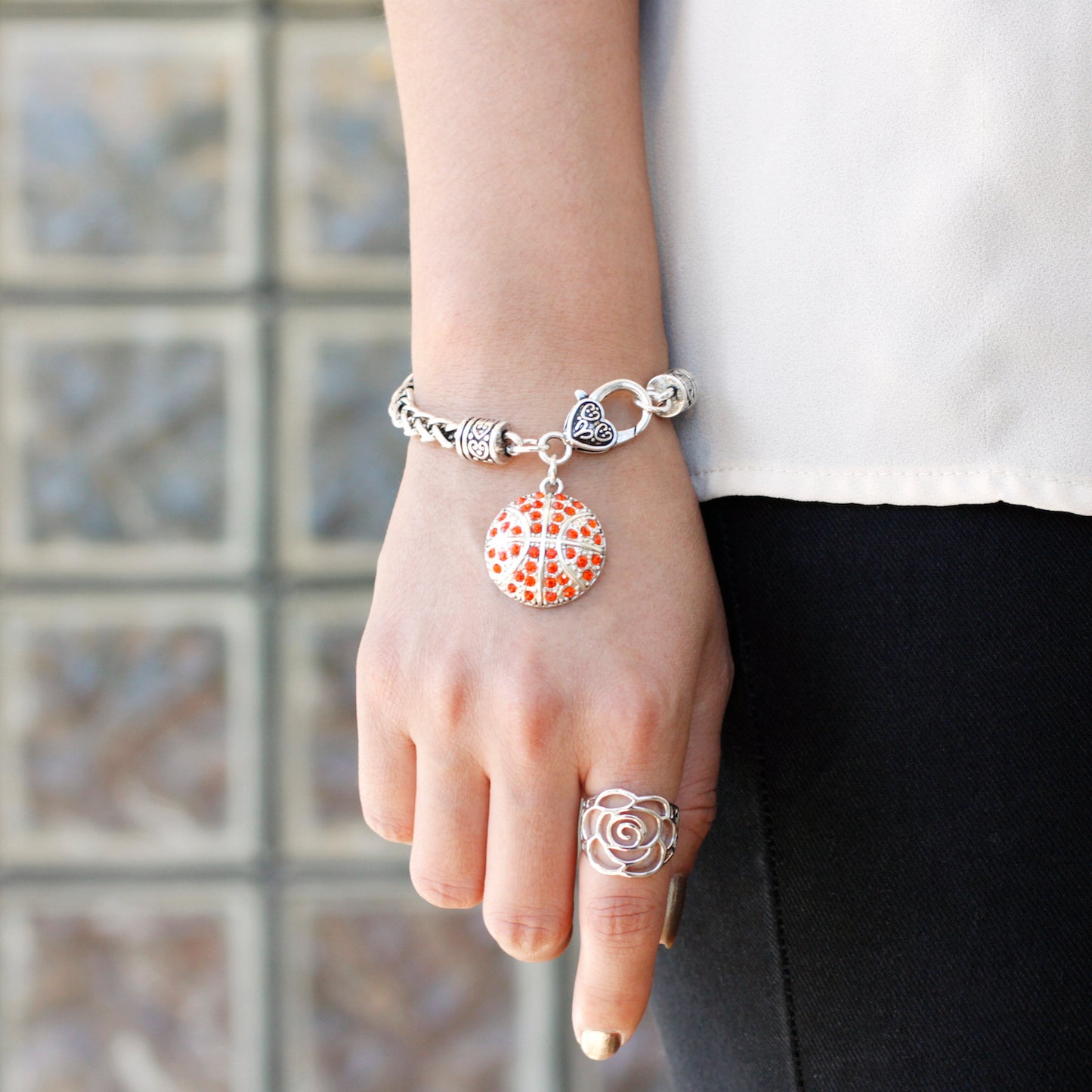 Silver Basketball Charm Braided Bracelet