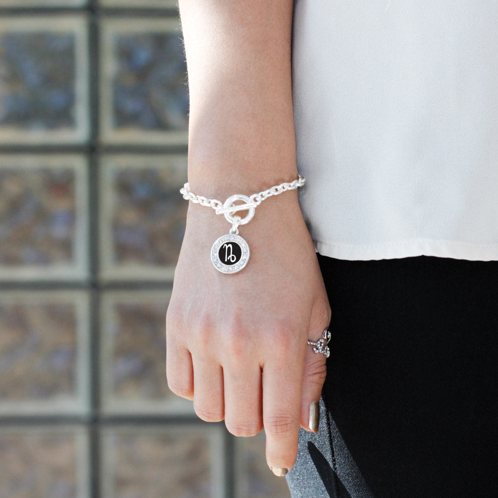 Silver Capricorn Zodiac Circle Charm Toggle Bracelet