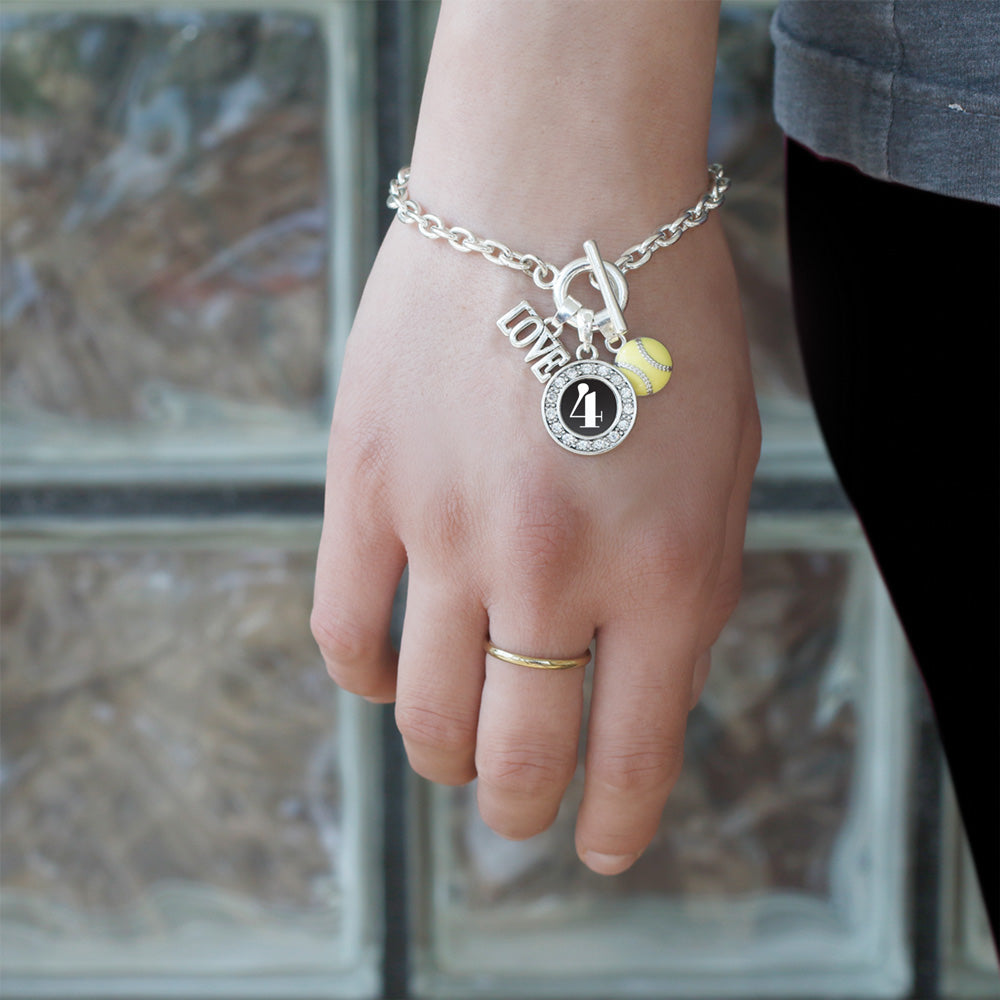 Silver Softball - Sports Number 4 Circle Charm Toggle Bracelet