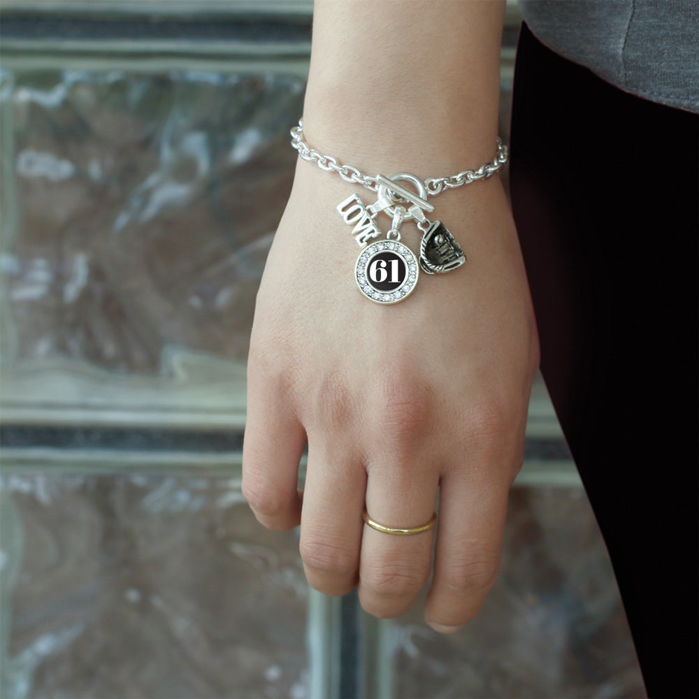 Silver Baseball Glove - Sports Number 61 Circle Charm Toggle Bracelet