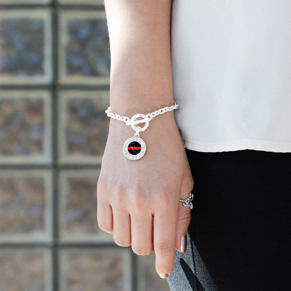 Silver California Thin Red Line Circle Charm Toggle Bracelet