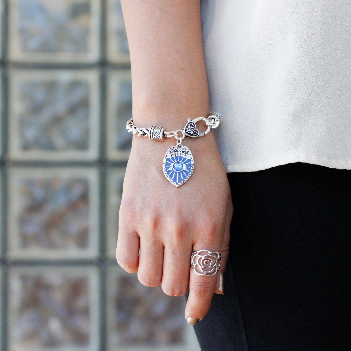 Silver Blue Police Badge Charm Braided Bracelet