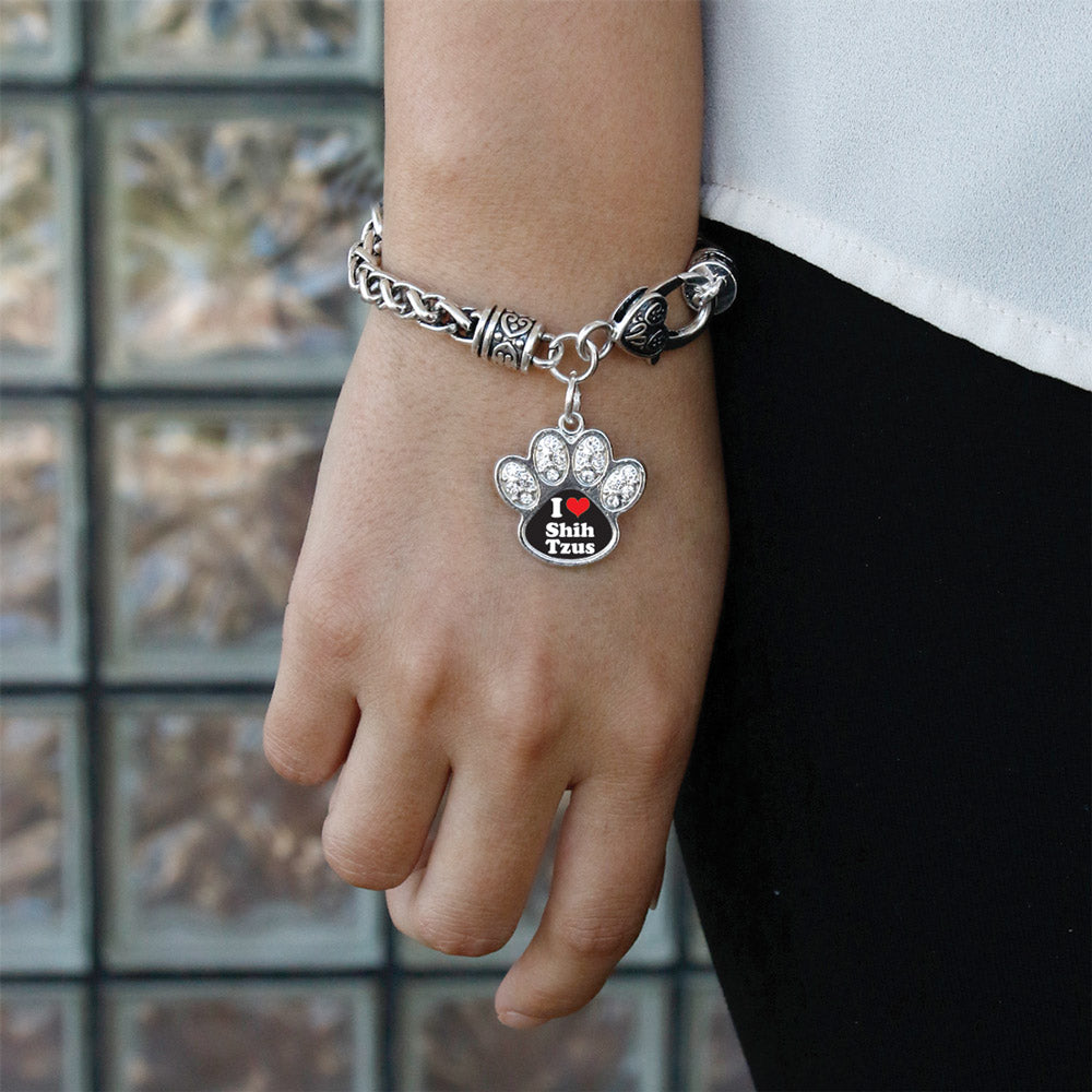 Silver I Love Shih Tzus Pave Paw Charm Braided Bracelet