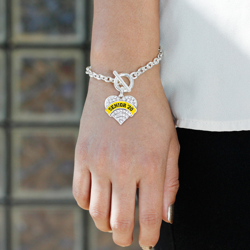 Silver Yellow Senior 2020 Pave Heart Charm Toggle Bracelet
