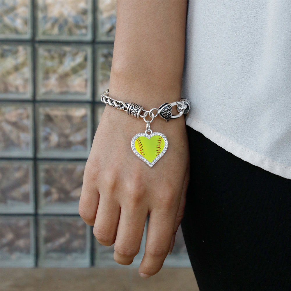 Silver Softball Open Heart Charm Braided Bracelet