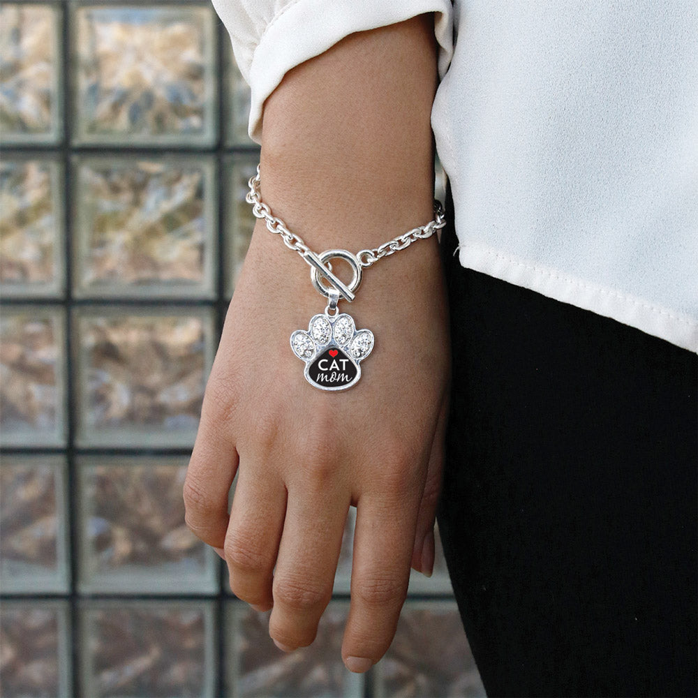 Silver Cat Mom Pave Paw Charm Toggle Bracelet