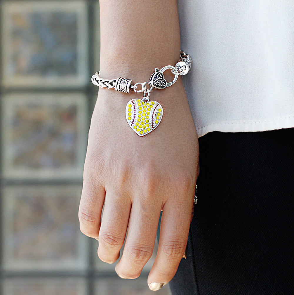 Silver Tennis or Softball Heart Charm Braided Bracelet
