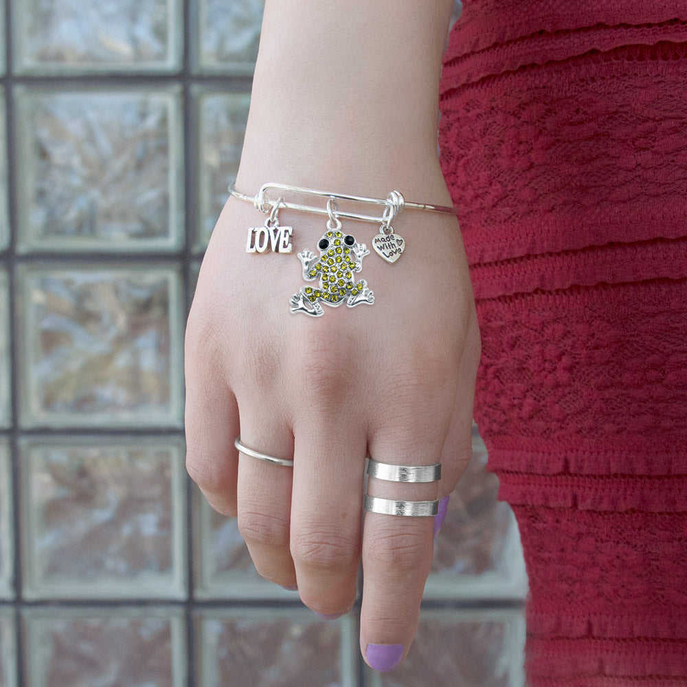Silver Love Green Pave Frog Charm Wire Bangle Bracelet