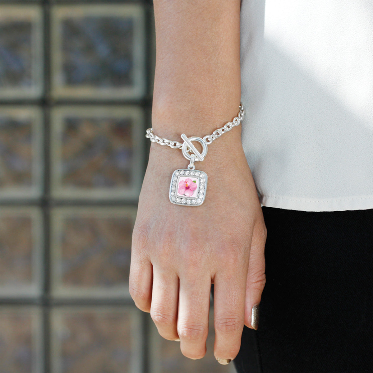 Silver Hibiscus Flower Square Charm Toggle Bracelet