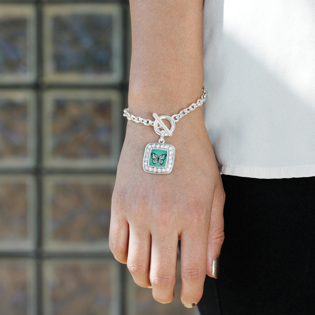 Silver Teal Butterfly Square Charm Toggle Bracelet