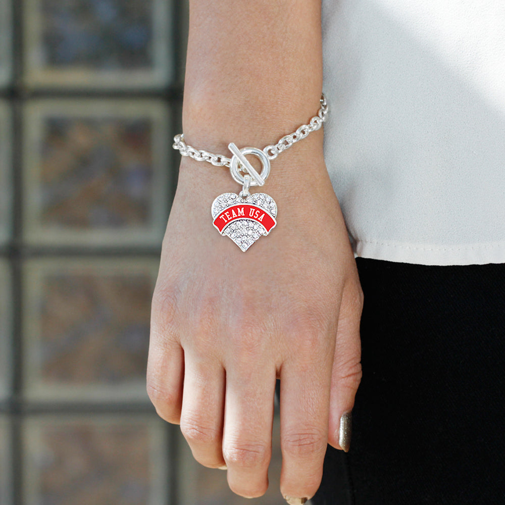 Silver Team USA - Red Banner Pave Heart Charm Toggle Bracelet