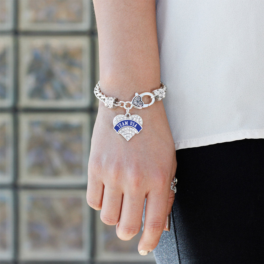 Silver Team USA - Blue Banner Pave Heart Charm Braided Bracelet