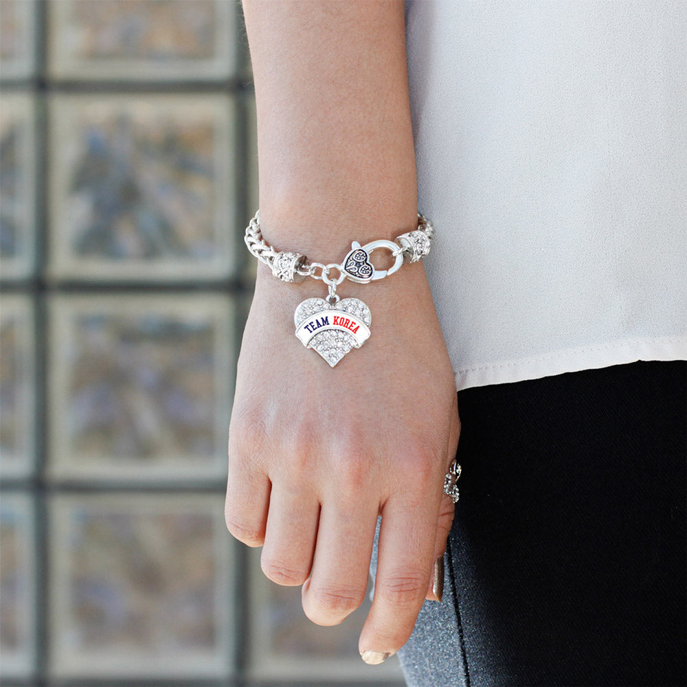 Silver Team Korea Pave Heart Charm Braided Bracelet