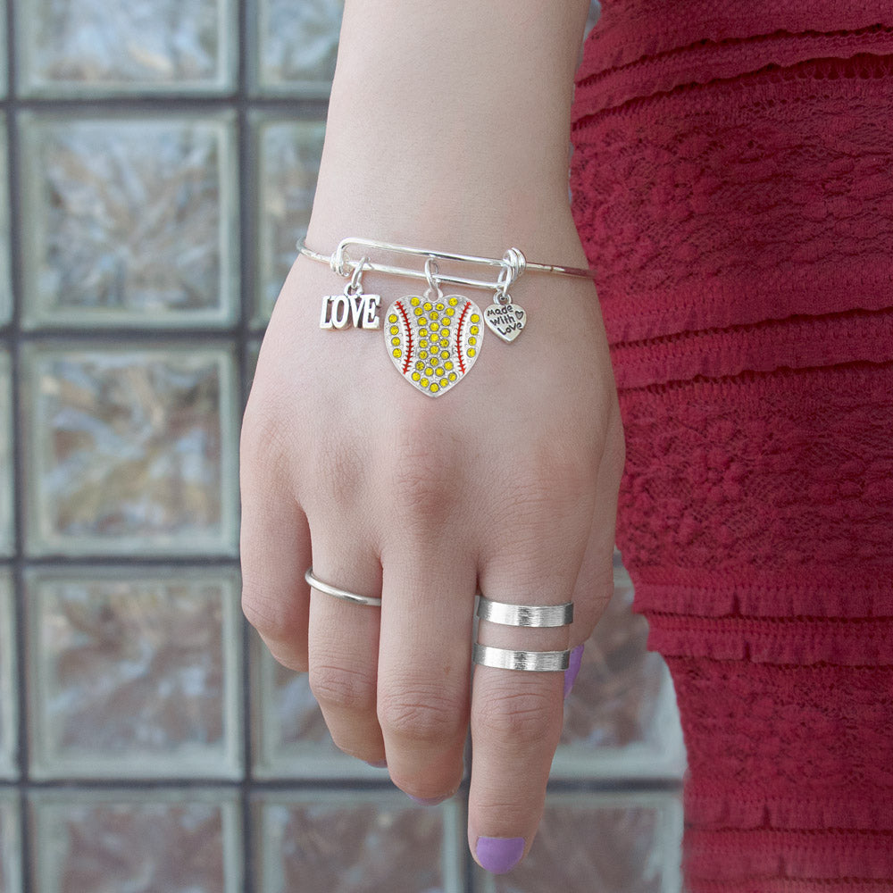 Silver Love Softball Heart Charm Wire Bangle Bracelet