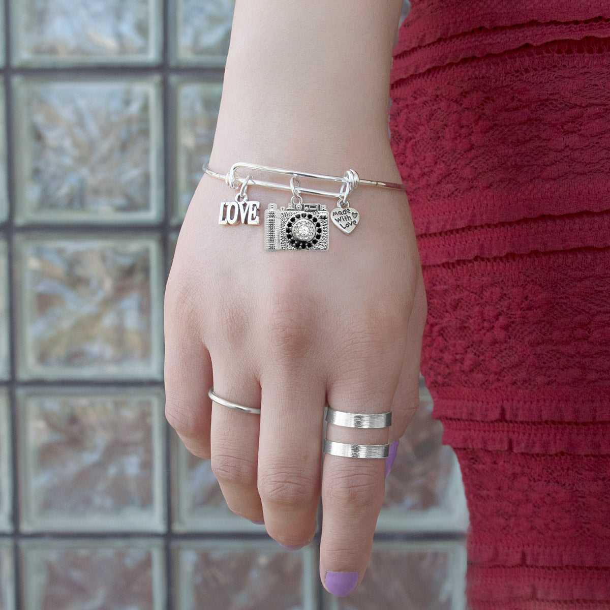 Silver Love Vintage Camera Charm Wire Bangle Bracelet