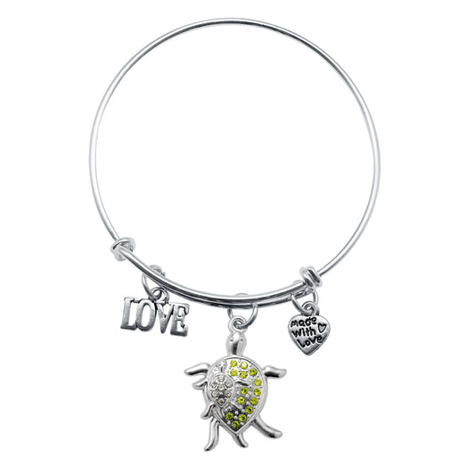 Silver Love Sea Turtle Family Charm Wire Bangle Bracelet