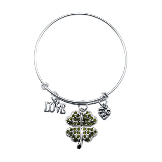 Silver Love Four Leaf Clover Charm Wire Bangle Bracelet