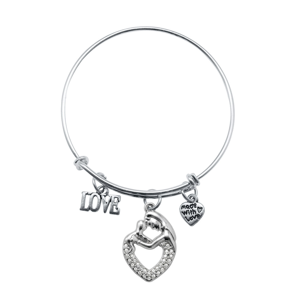 Silver Love Mother and Child Charm Wire Bangle Bracelet