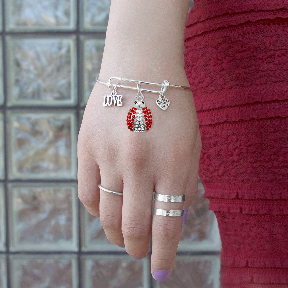 Silver Love Lady Bug Charm Wire Bangle Bracelet