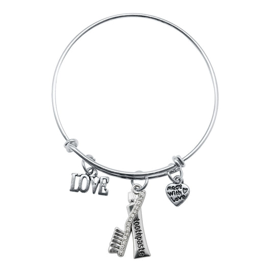 Silver Love Dental Charm Wire Bangle Bracelet