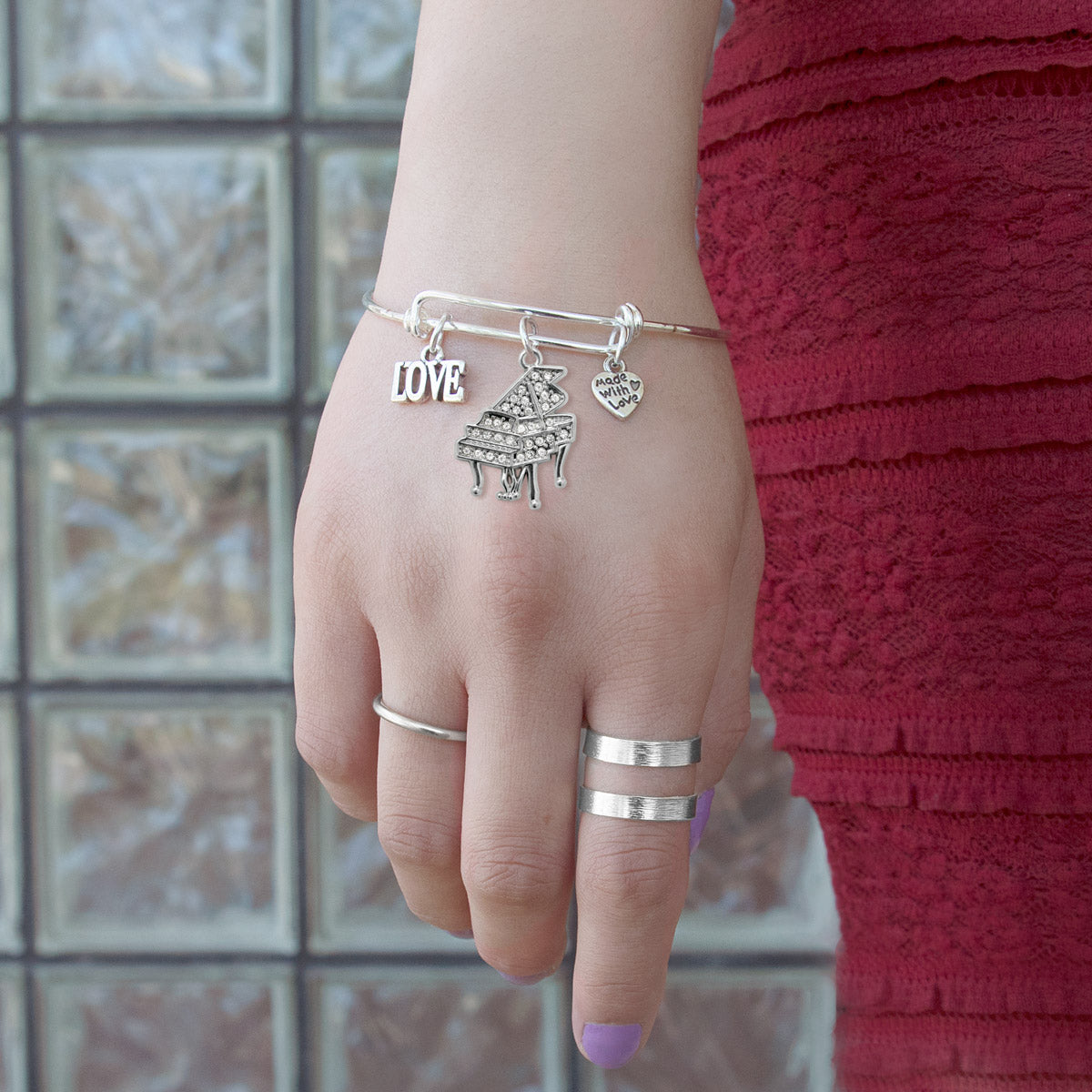 Silver Love Piano Charm Wire Bangle Bracelet