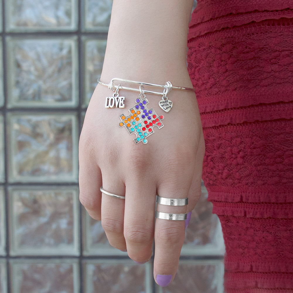 Silver Love Pave Autism Jigsaw Charm Wire Bangle Bracelet