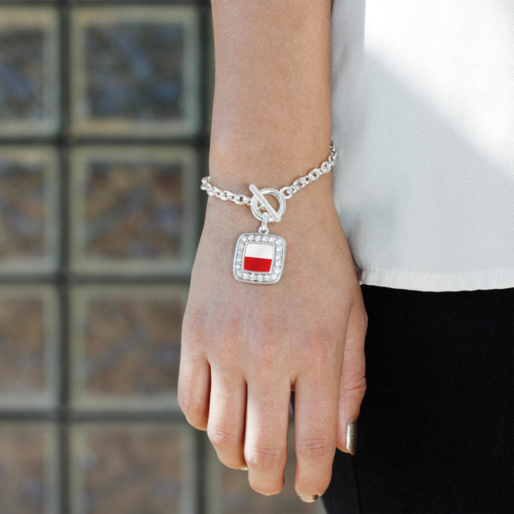Silver Poland Flag Square Charm Toggle Bracelet