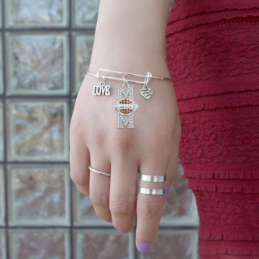 Silver Football Mom Charm Wire Bangle Bracelet