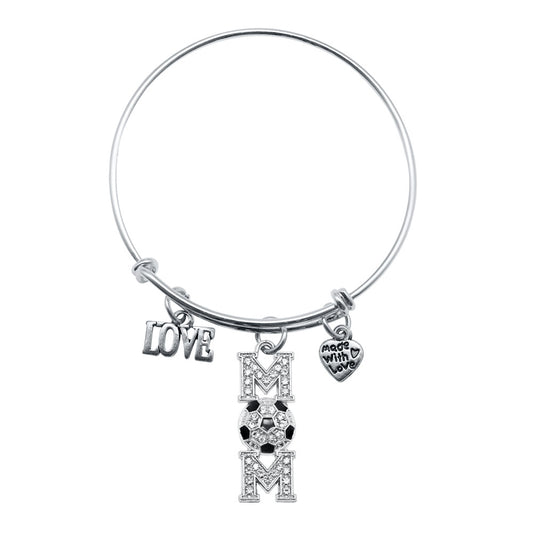 Silver Soccer Mom Charm Wire Bangle Bracelet