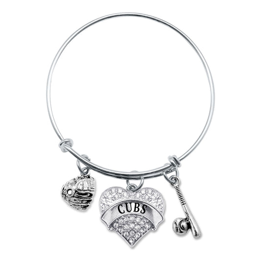 Silver Cubs Baseball Bat and Glove Pave Heart Charm Wire Bangle Bracelet