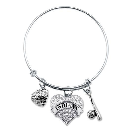 Silver Indians Baseball Bat and Glove Pave Heart Charm Wire Bangle Bracelet