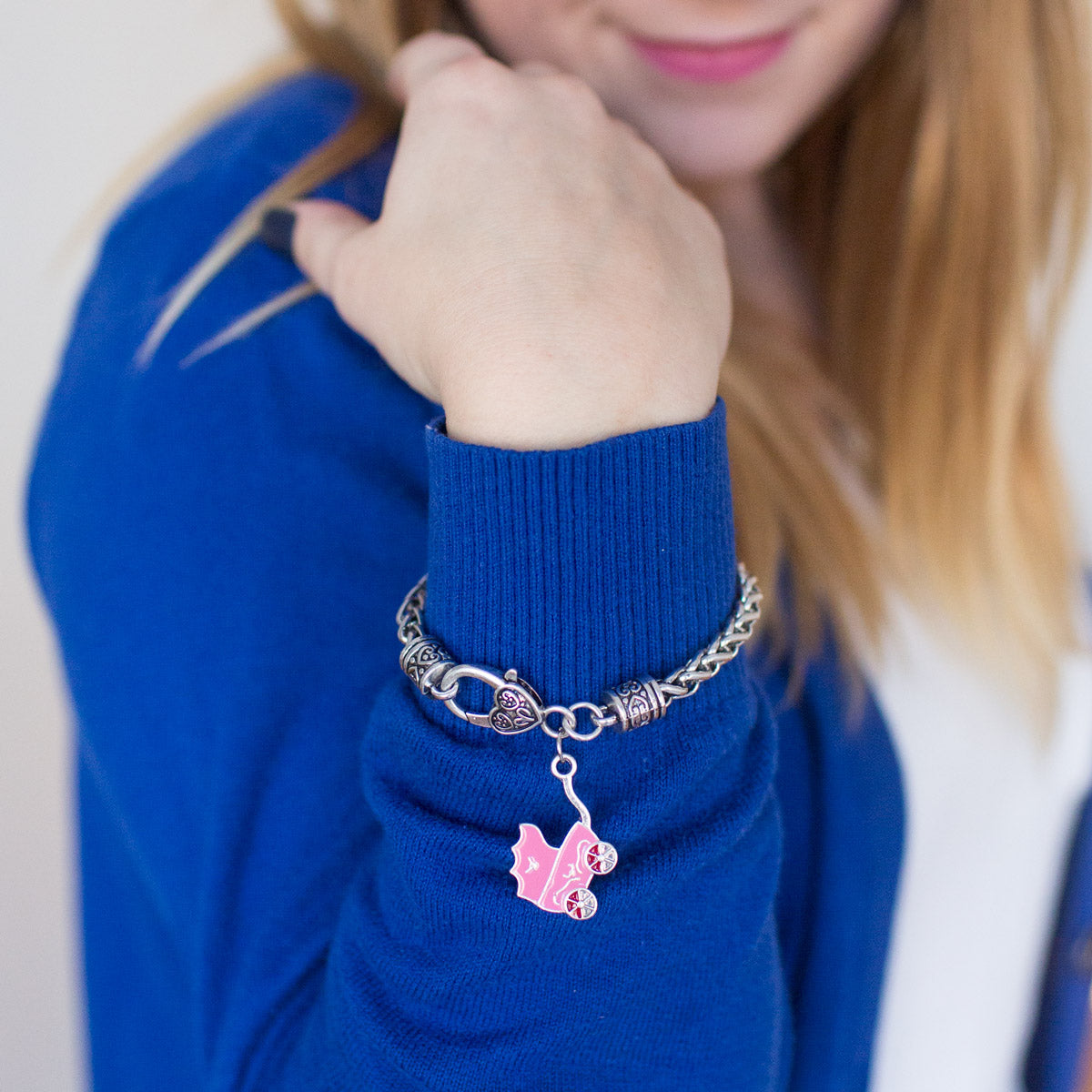 Silver Pink Stroller Charm Braided Bracelet