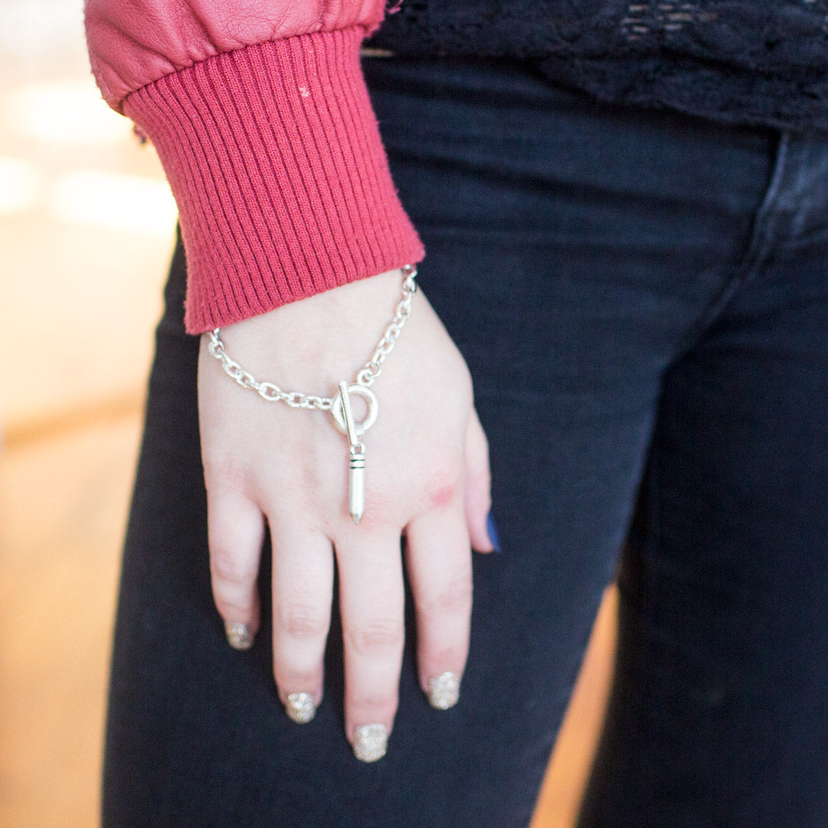 Silver Petite Bullet Charm Toggle Bracelet